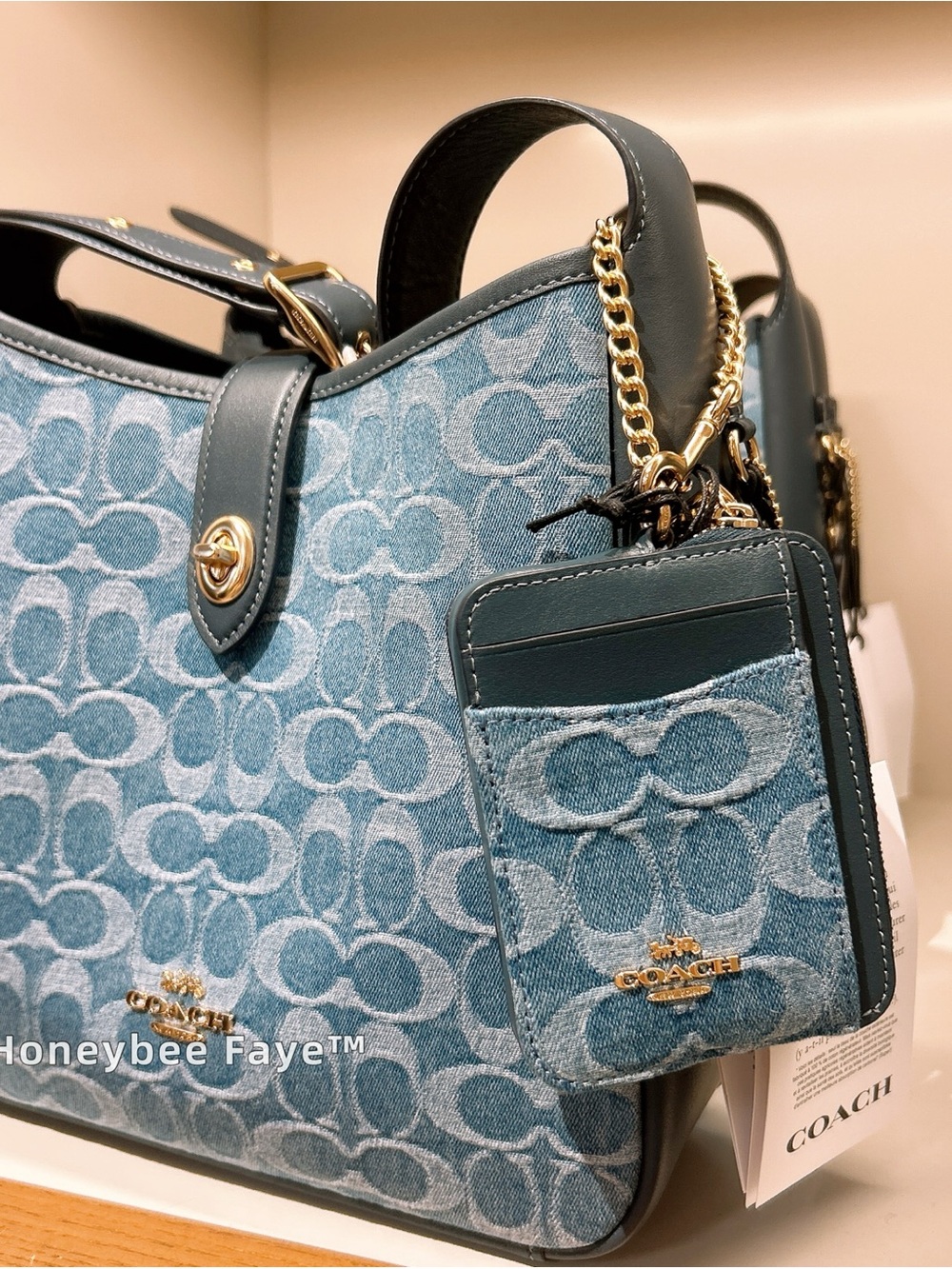 Coach Teal Blue Signature Denim Zip Card Case - Picture 3 of 5
